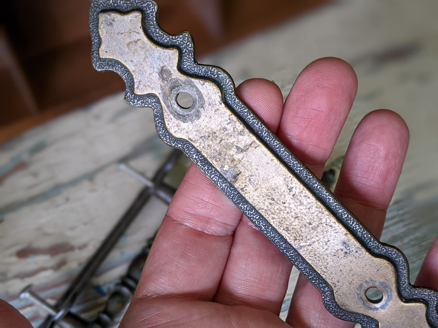 1970 Vintage National Lock Cabinet Bar Pull Handle Set of 2 w Backplate 3" Centers Antique Brass No. H6-3590