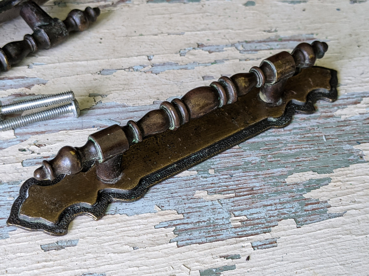 1970 Vintage National Lock Cabinet Bar Pull Handle Set of 2 w Backplate 3" Centers Antique Brass No. H6-3590
