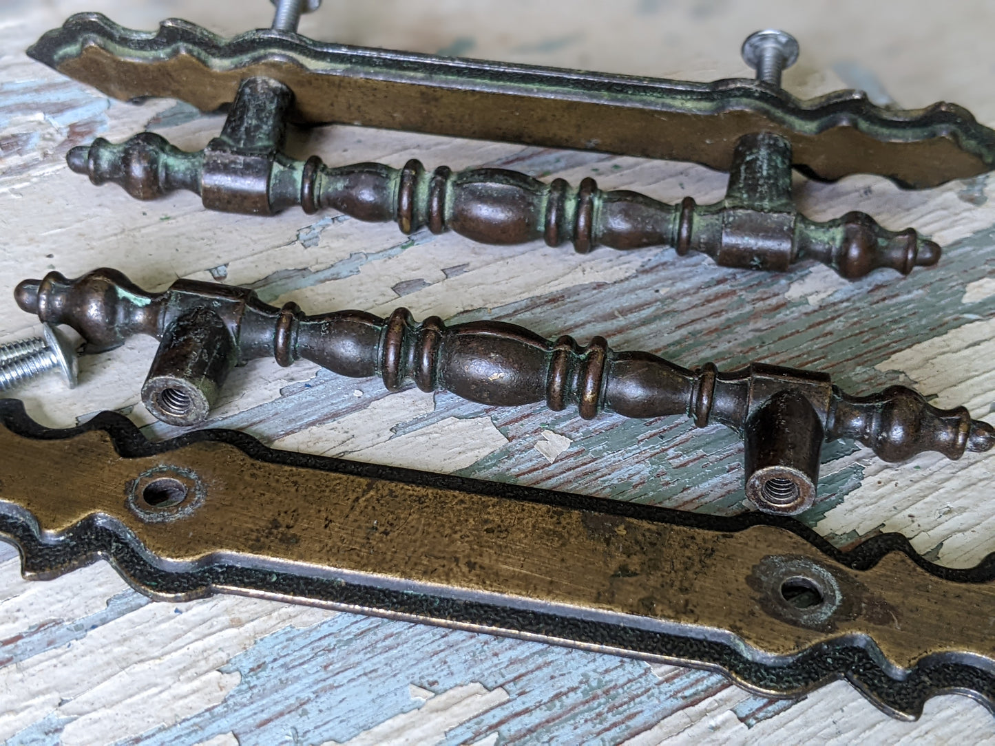 1970 Vintage National Lock Cabinet Bar Pull Handle Set of 2 w Backplate 3" Centers Antique Brass No. H6-3590