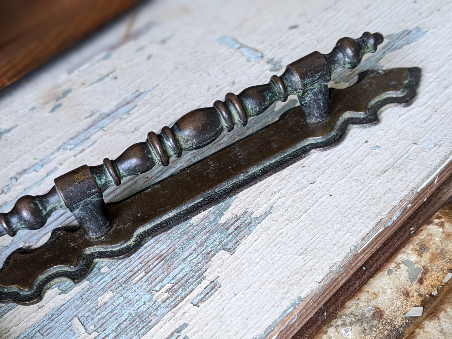 1970 Vintage National Lock Cabinet Pulls Set of 2 Handles w Backplates 3" Centers Antique Brass No. H6-3590
