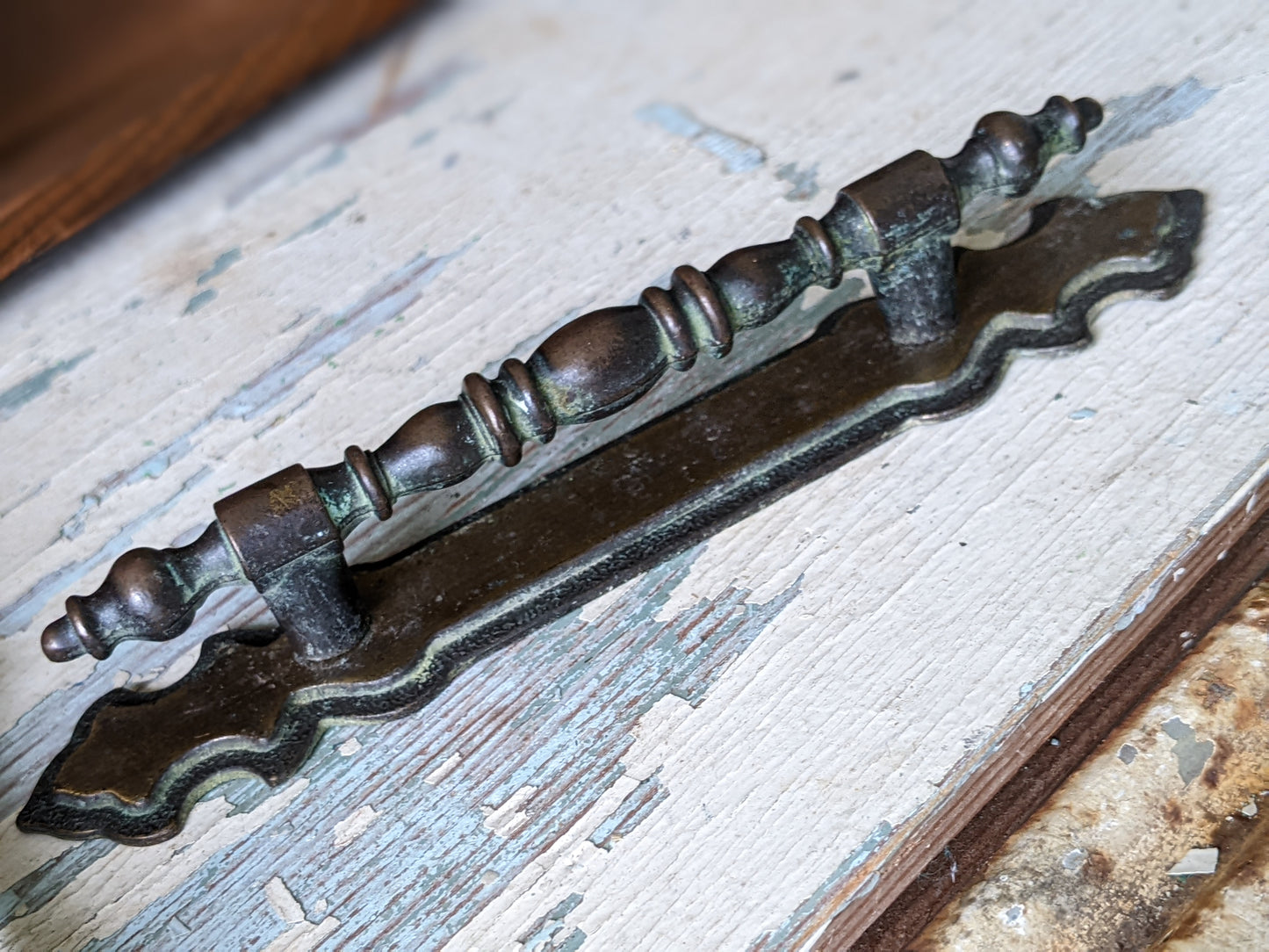 1970 Vintage National Lock Cabinet Pulls Set of 2 Handles w Backplates 3" Centers Antique Brass No. H6-3590