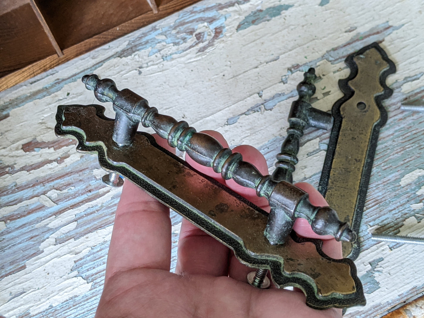 1970 Vintage National Lock Cabinet Pulls Set of 2 Handles w Backplates 3" Centers Antique Brass No. H6-3590