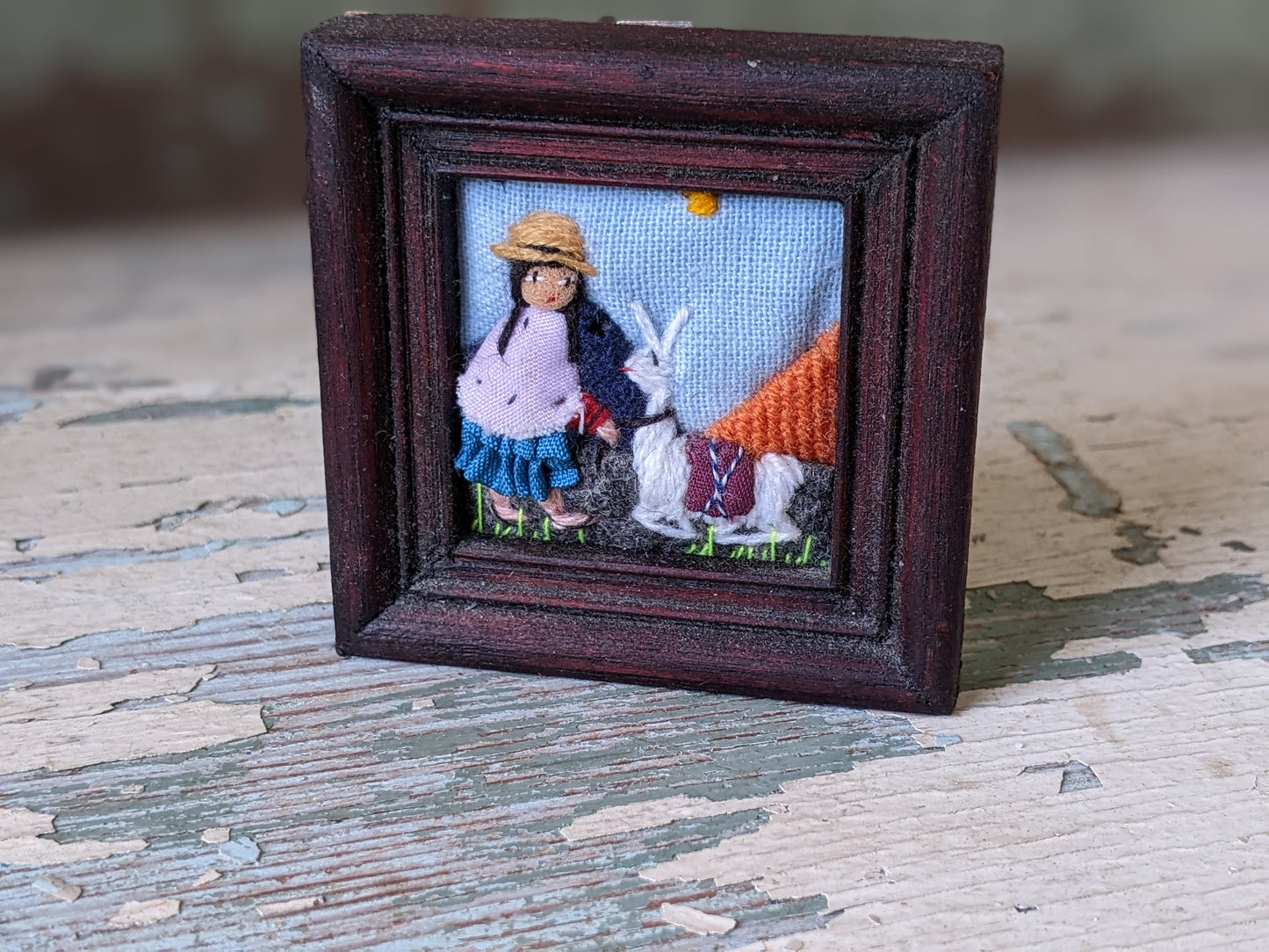 Vintage Norberto Tino Miniature Framed Textile Art Bolivia Handmade !! So Cute Gifts !!