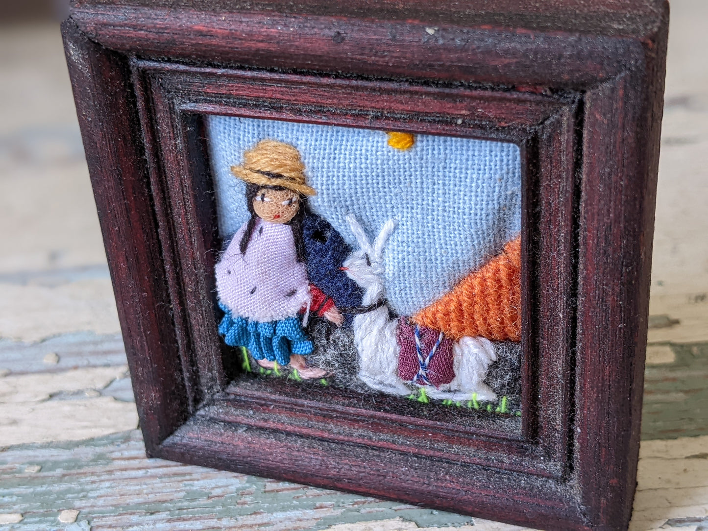 Vintage Norberto Tino Miniature Framed Textile Art Bolivia Handmade !! So Cute Gifts !!