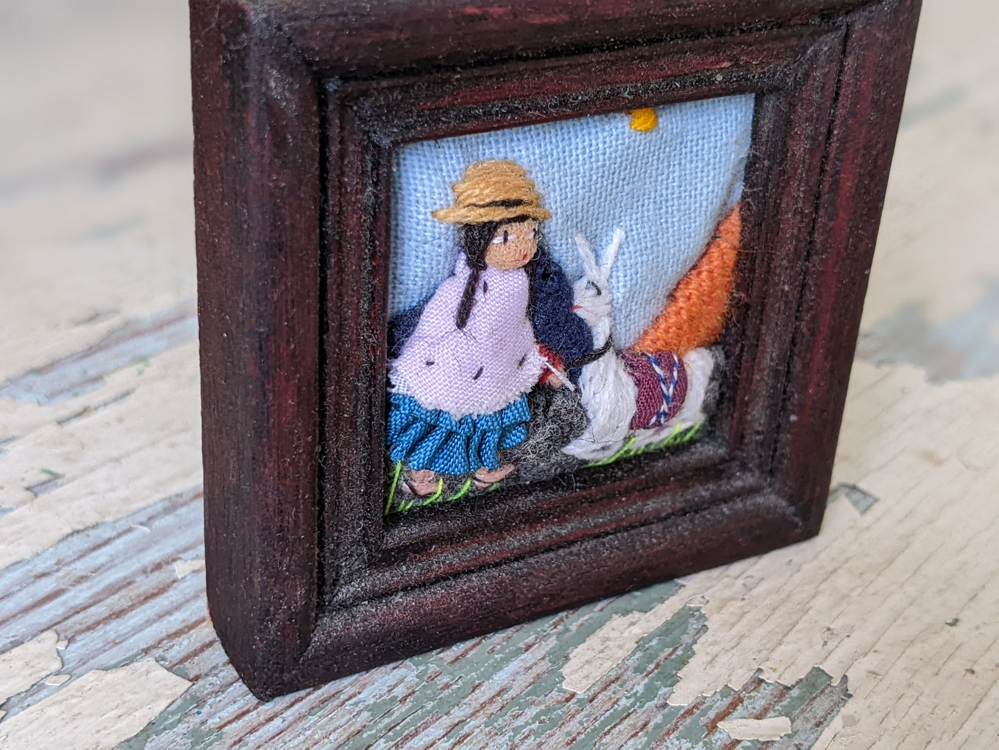 Vintage Norberto Tino Miniature Framed Textile Art Bolivia Handmade !! So Cute Gifts !!