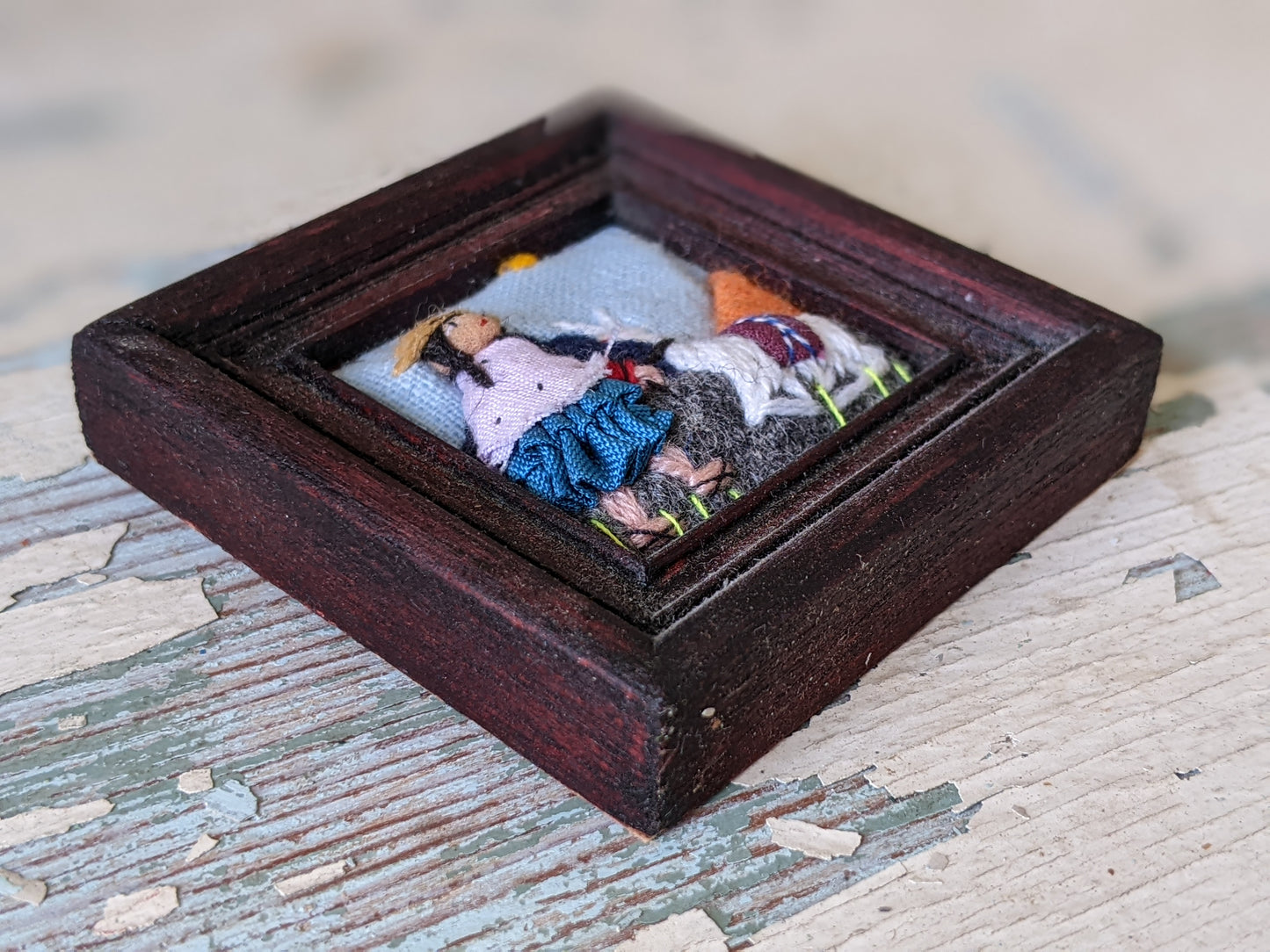 Vintage Norberto Tino Miniature Framed Textile Art Bolivia Handmade !! So Cute Gifts !!