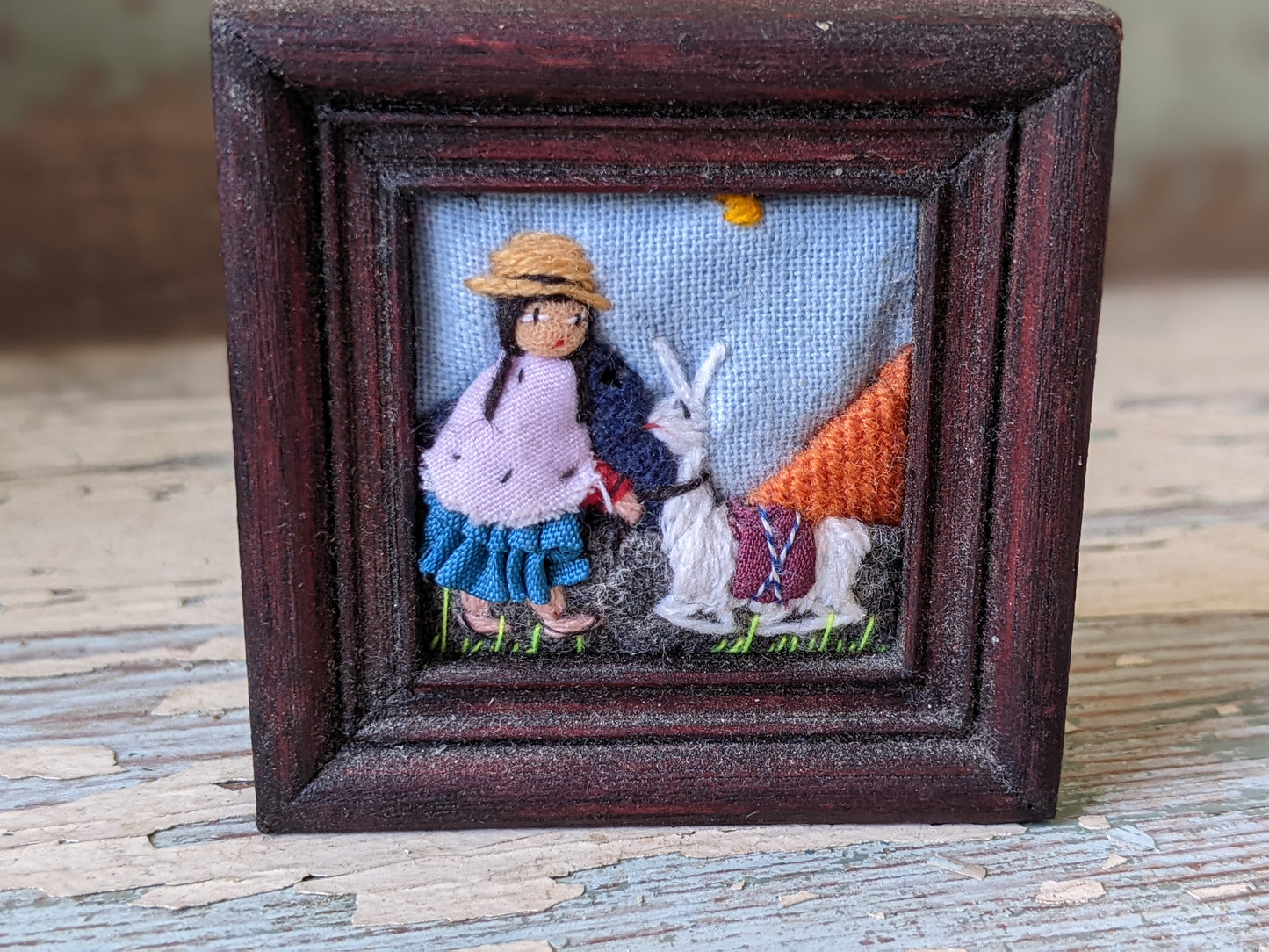 Vintage Norberto Tino Miniature Framed Textile Art Bolivia Handmade !! So Cute Gifts !!
