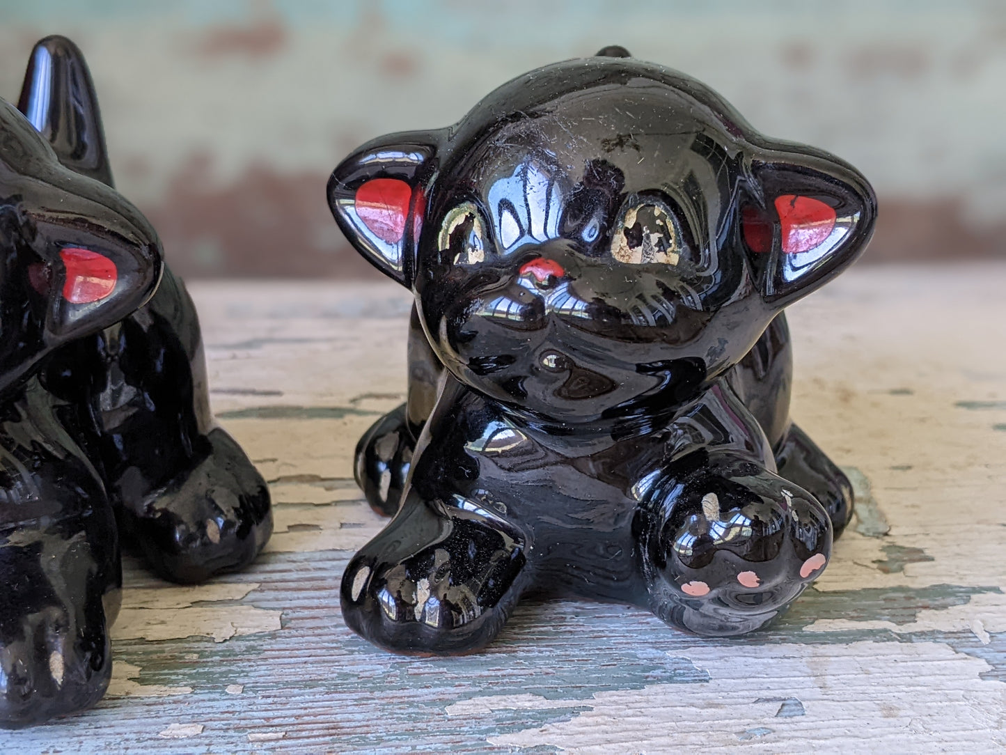 1950s Relco Rare Playful Black Cat Salt & Pepper Shakers Japan Redware Kitsch Kitschy MCM !! Awesome Holiday Gifts !! Halloween