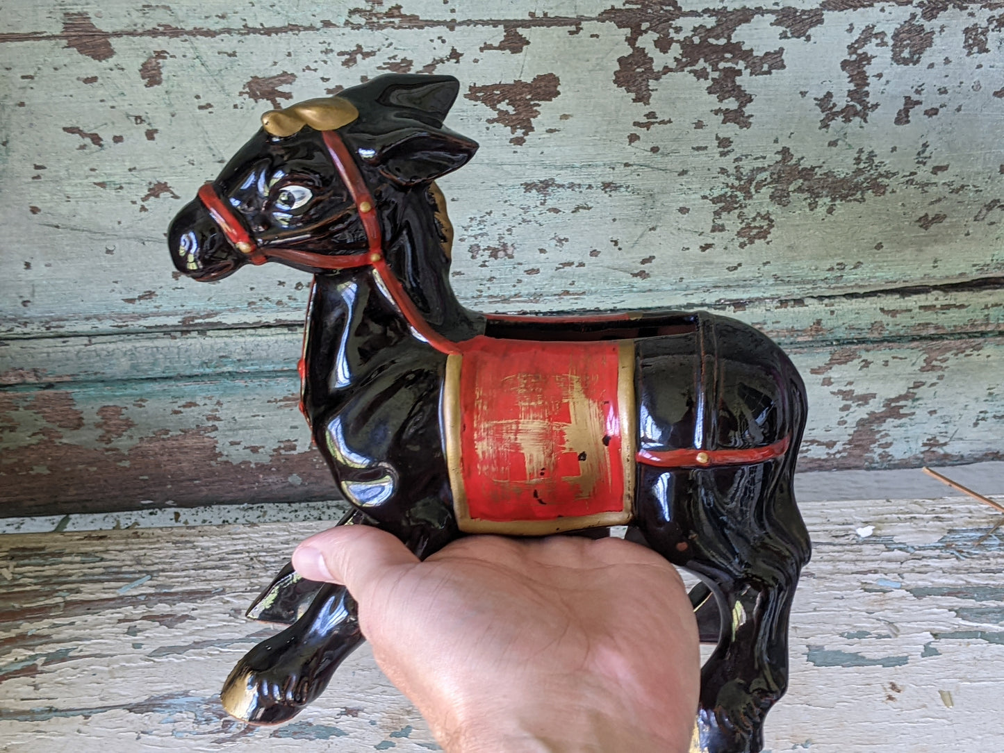 1950s Rare !! Redware Donkey Mule Planter Japan Hand-Painted !! Hard To Find Vintage Gifts !!