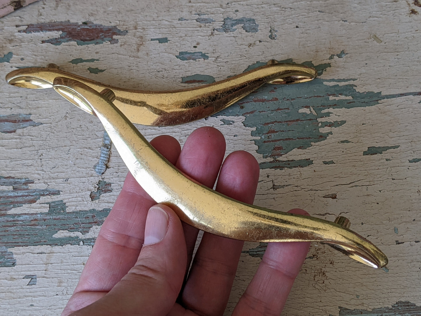 Vintage Rare!! Mid-Century Modern Drawer Pulls Polished Brass Plated Art Nouveau Ribbon Set of 2 !! Vintage Cabinet Hardware !!