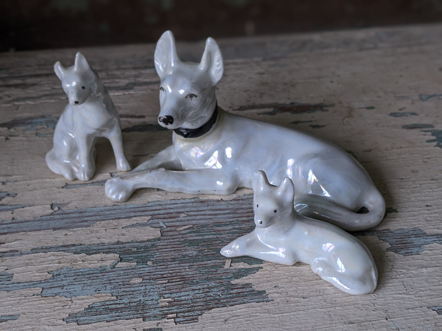 1950s Lusterware Dogs Peral Essence Shepard Hounds Set of 3 Figurines !! Adorable Vintage Gifts !!