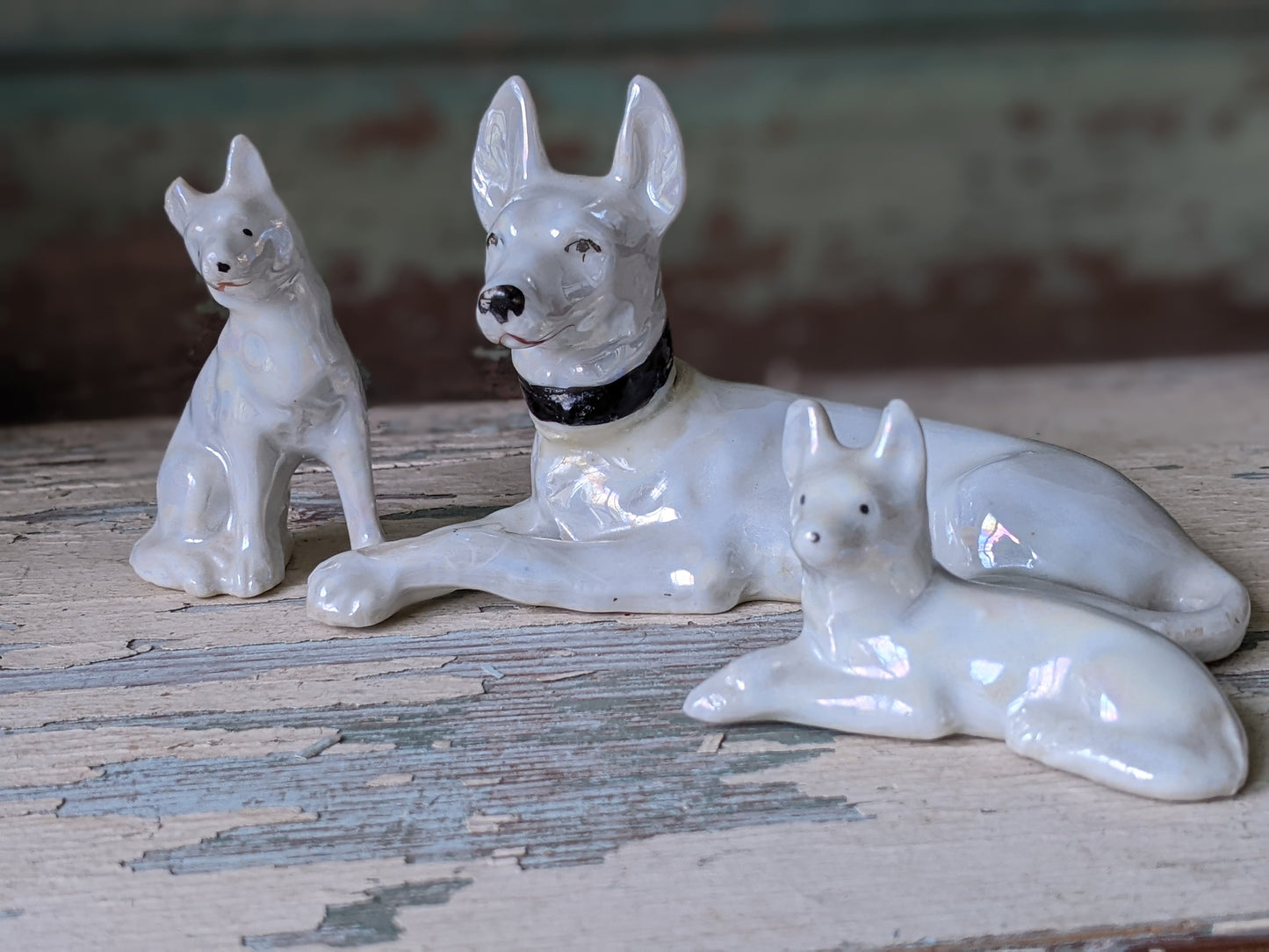 1950s Lusterware Dogs Peral Essence Shepard Hounds Set of 3 Figurines !! Adorable Vintage Gifts !!