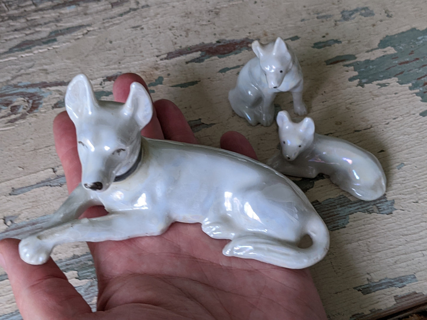1950s Lusterware Dogs Peral Essence Shepard Hounds Set of 3 Figurines !! Adorable Vintage Gifts !!