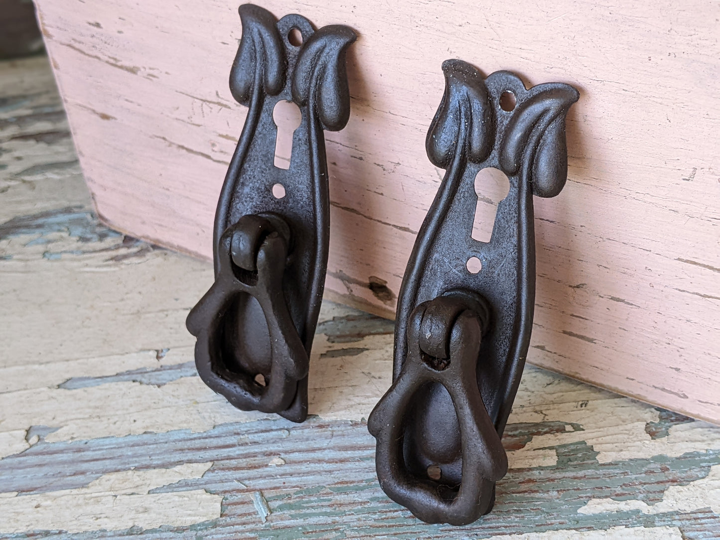 1940s !! Rare !! Vintage Art Nouveau Drawer Pulls Key Hole Stamped Brass Back Plates Cast Handles !! Beautiful Vintage Decor !!