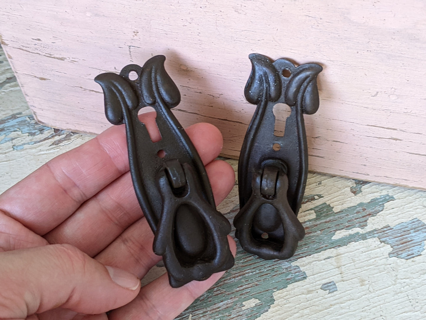 1940s !! Rare !! Vintage Art Nouveau Drawer Pulls Key Hole Stamped Brass Back Plates Cast Handles !! Beautiful Vintage Decor !!
