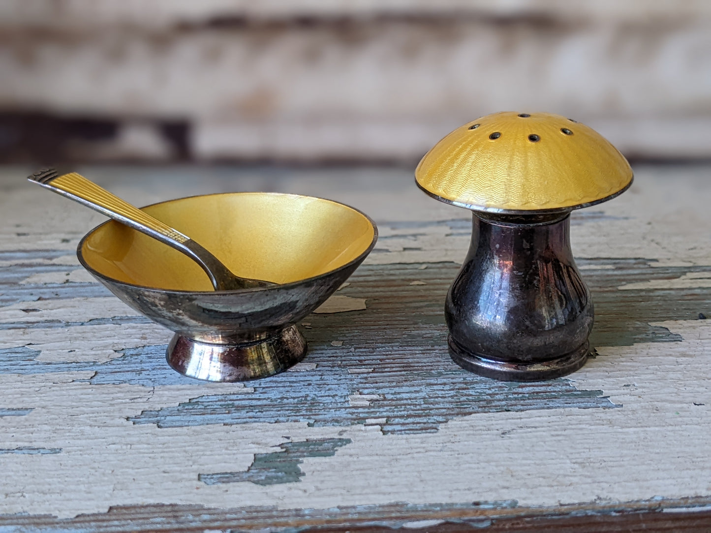 1950s Ela Denmark Sterling Silver Salt Cellar & Pepper Shaker 925S Rare Enamel Mushroom !! Elegant Classy Vintage Gifts !!