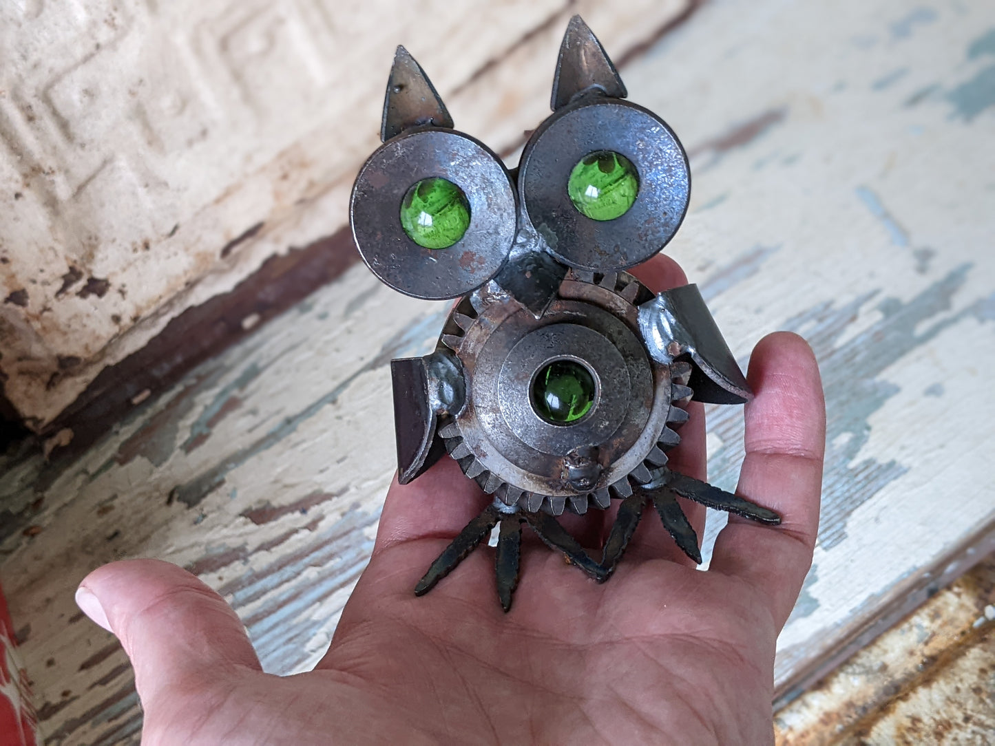 Vintage One-Of-A-Kind Owl Handmade Metal Sculpture Steampunk Rustic Fantasy Folk Art !! Amazing Rare Vintage Gifts !!