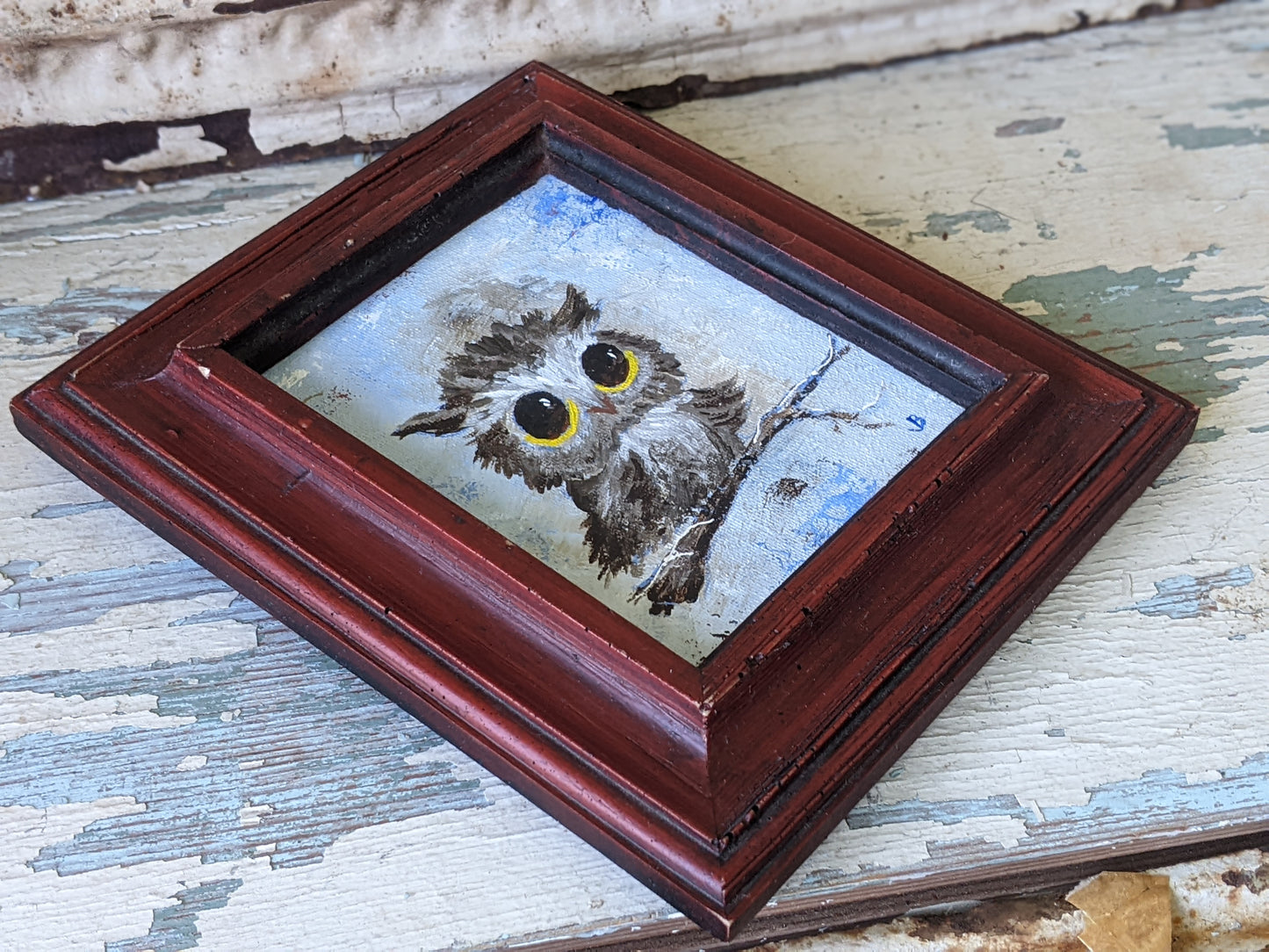 1950s Original Signed Oil Painting Owl Small 6" x 7" Craftint Canvas Joan Burr !! Amazing Original Vintage Gifts !! One-Of-A-Kind !!