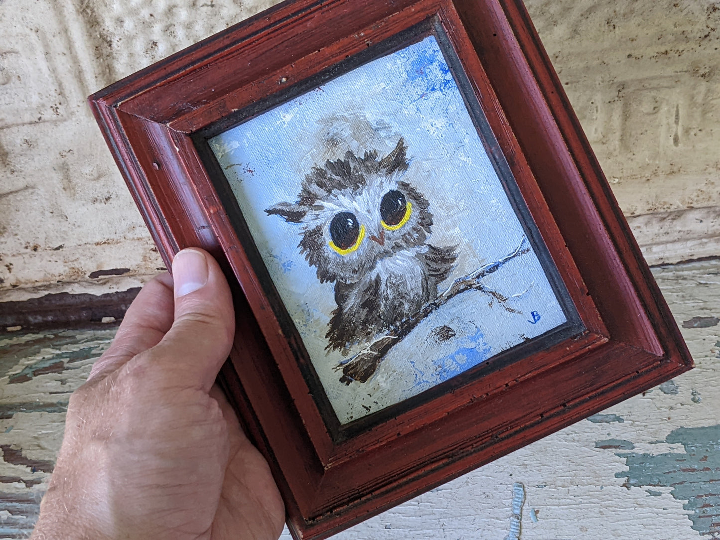 1950s Original Signed Oil Painting Owl Small 6" x 7" Craftint Canvas Joan Burr !! Amazing Original Vintage Gifts !! One-Of-A-Kind !!