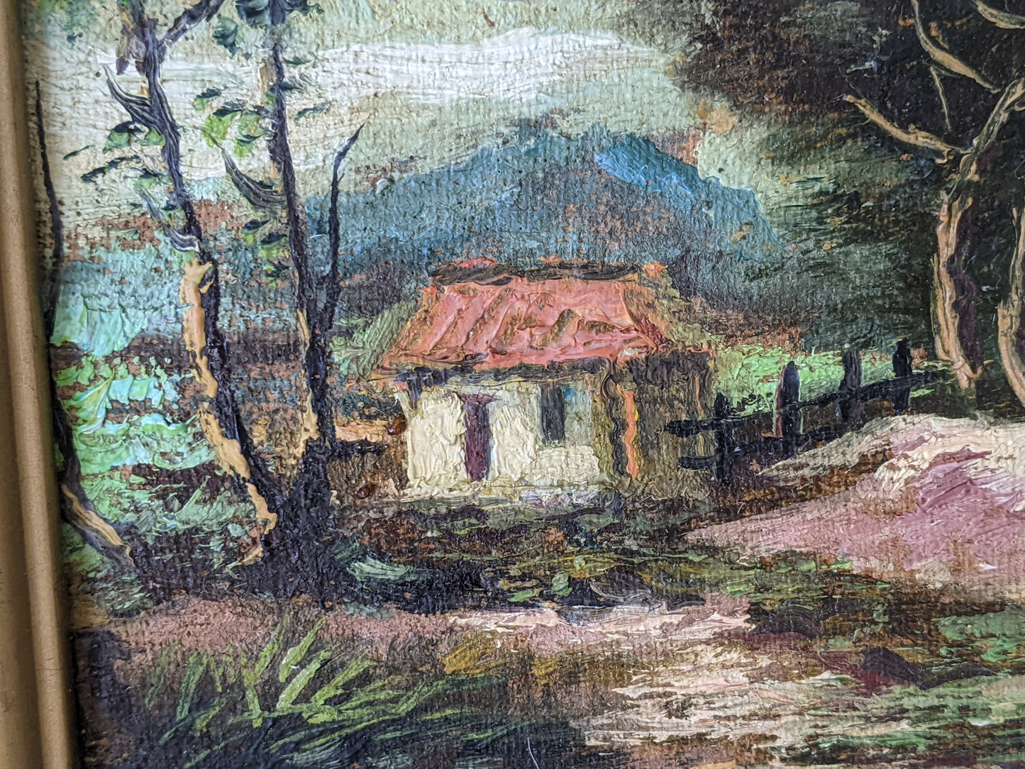 1950s Original Oils on Panel Landscape Mountains Hut Home Farm !! Original Vintage Art !!