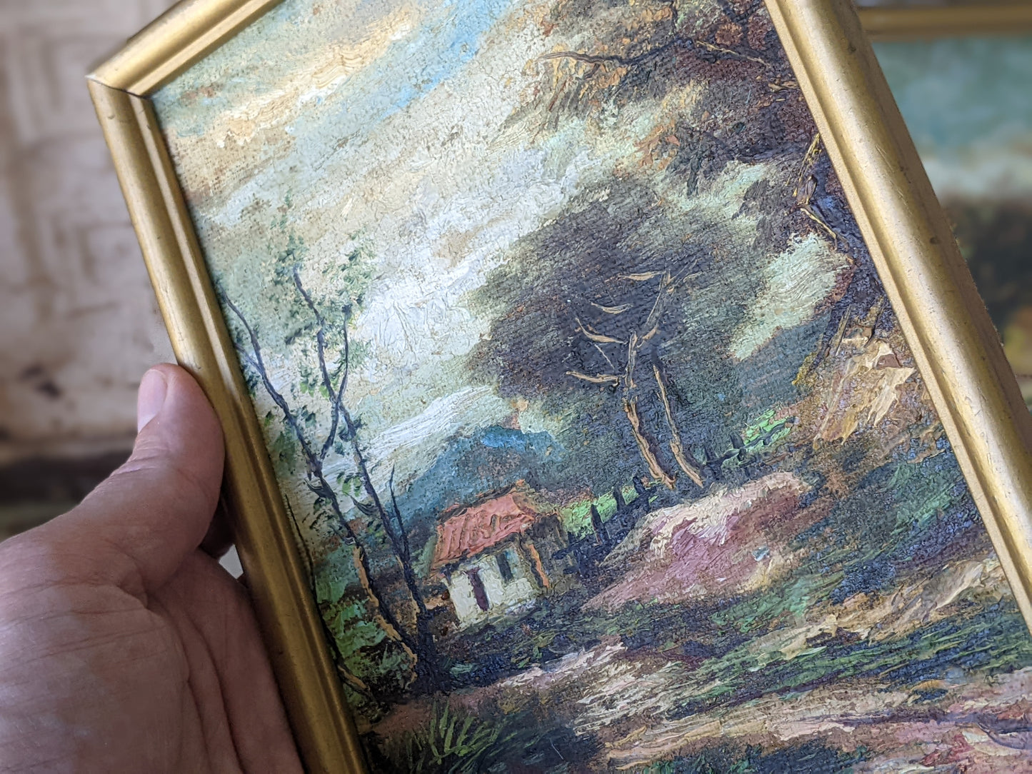 1950s Original Oils on Panel Landscape Mountains Hut Home Farm !! Original Vintage Art !!