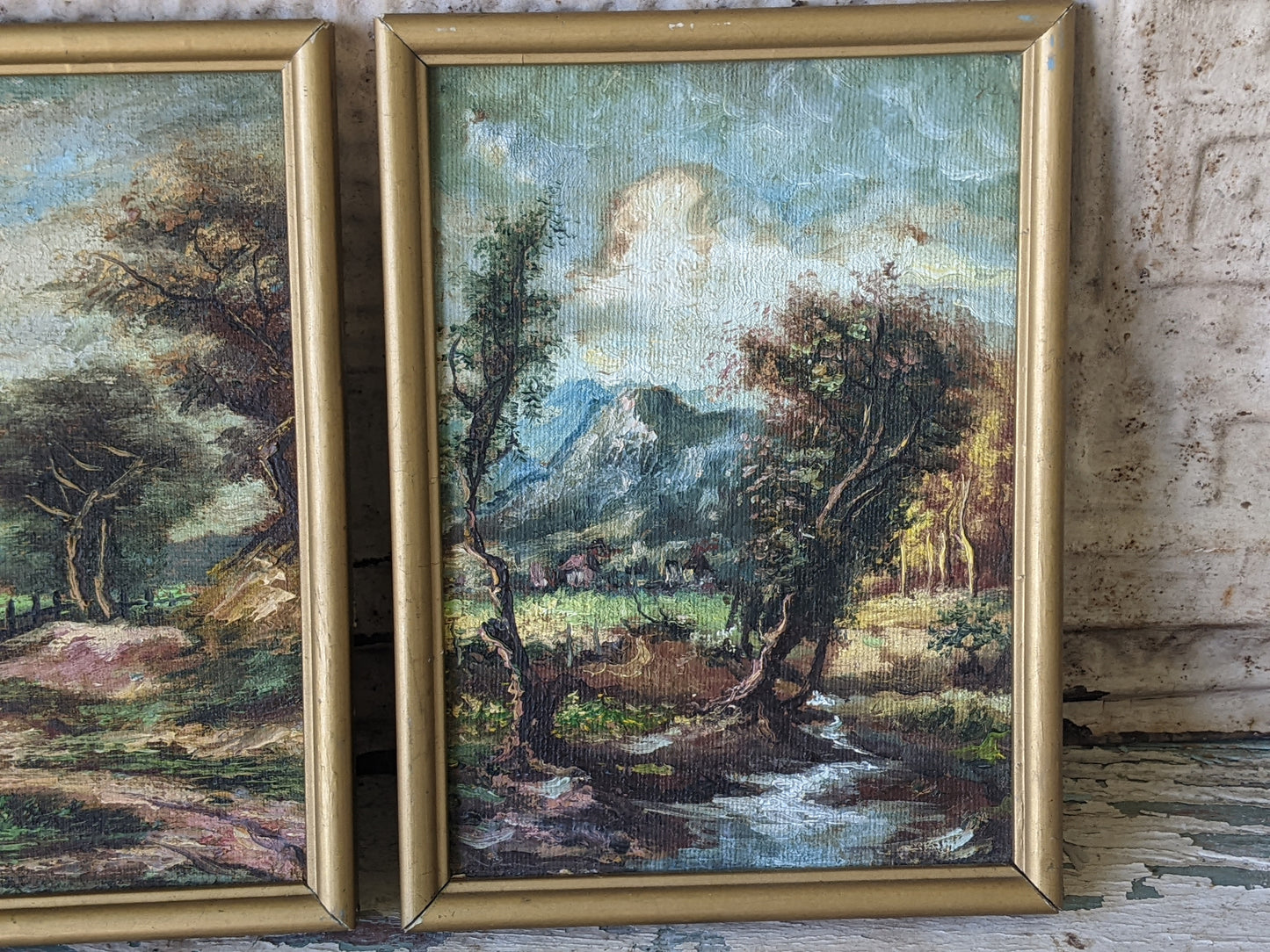 1950s Original Oils on Panel Landscape Mountains Hut Home Farm !! Original Vintage Art !!