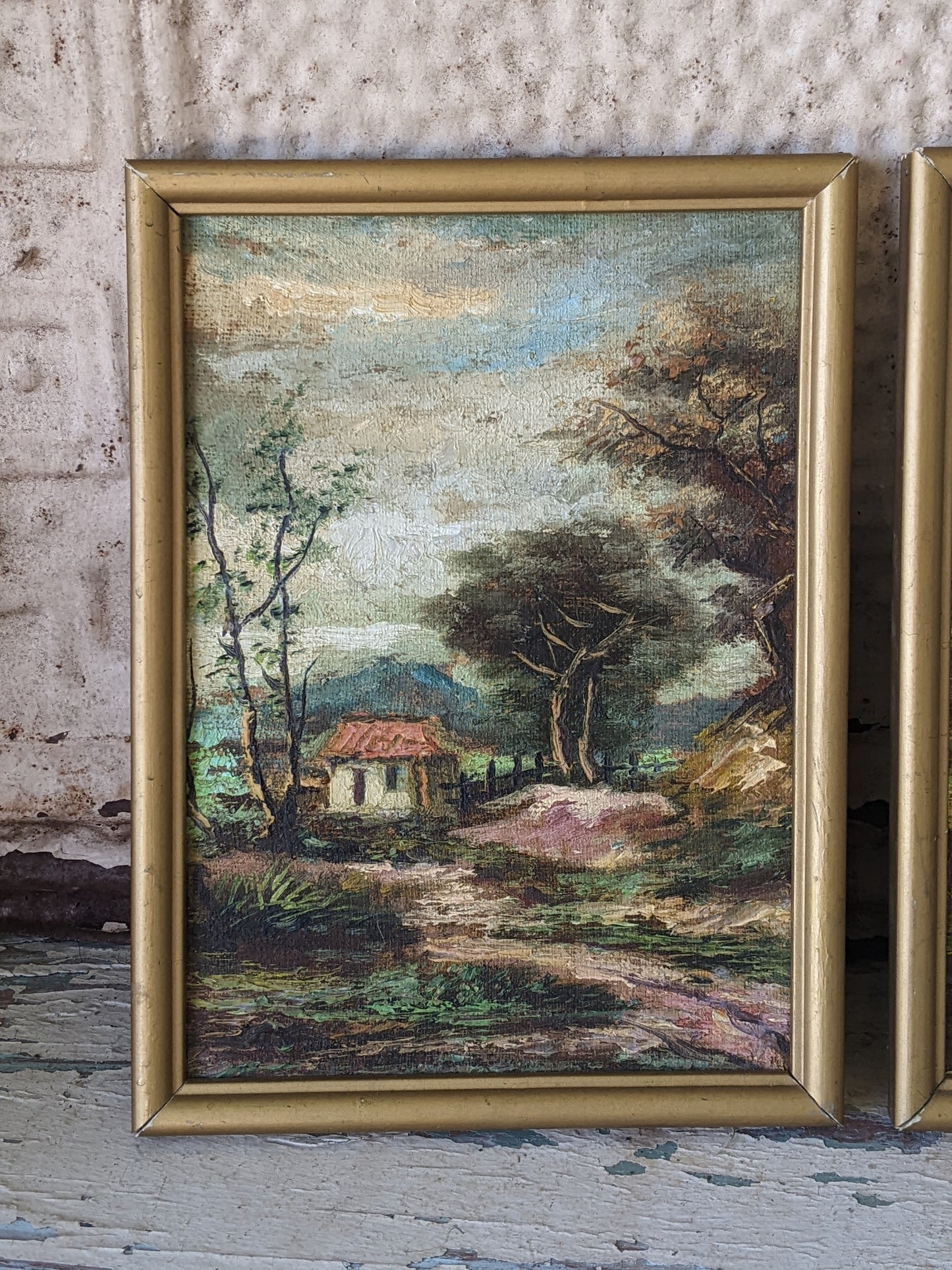 1950s Original Oils on Panel Landscape Mountains Hut Home Farm !! Original Vintage Art !!