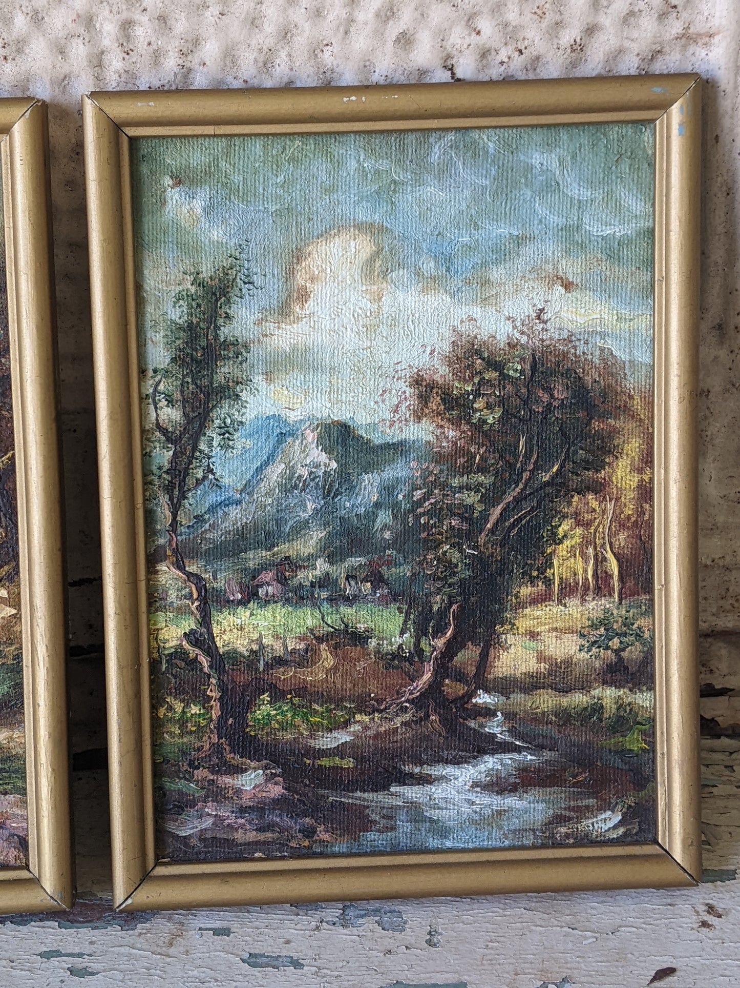 1950s Original Oils on Panel Landscape Mountains Hut Home Farm !! Original Vintage Art !!