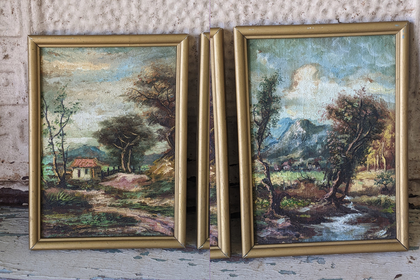 1950s Original Oils on Panel Landscape Mountains Hut Home Farm !! Original Vintage Art !!