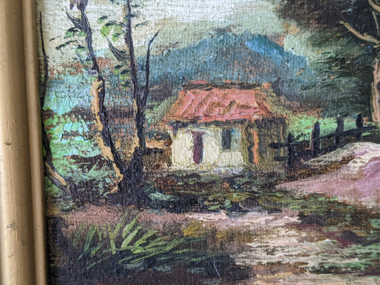 1950s Original Oils on Panel Landscape Mountains Hut Home Farm !! Original Vintage Art !!