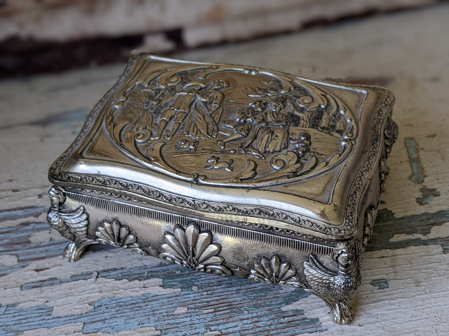 Vintage Victorian Style Trinket Box w Crimson Red Velvet Lining Silver Brushed Nickel Finish Jewelry Japan !! Awesome Vintage Gift !!