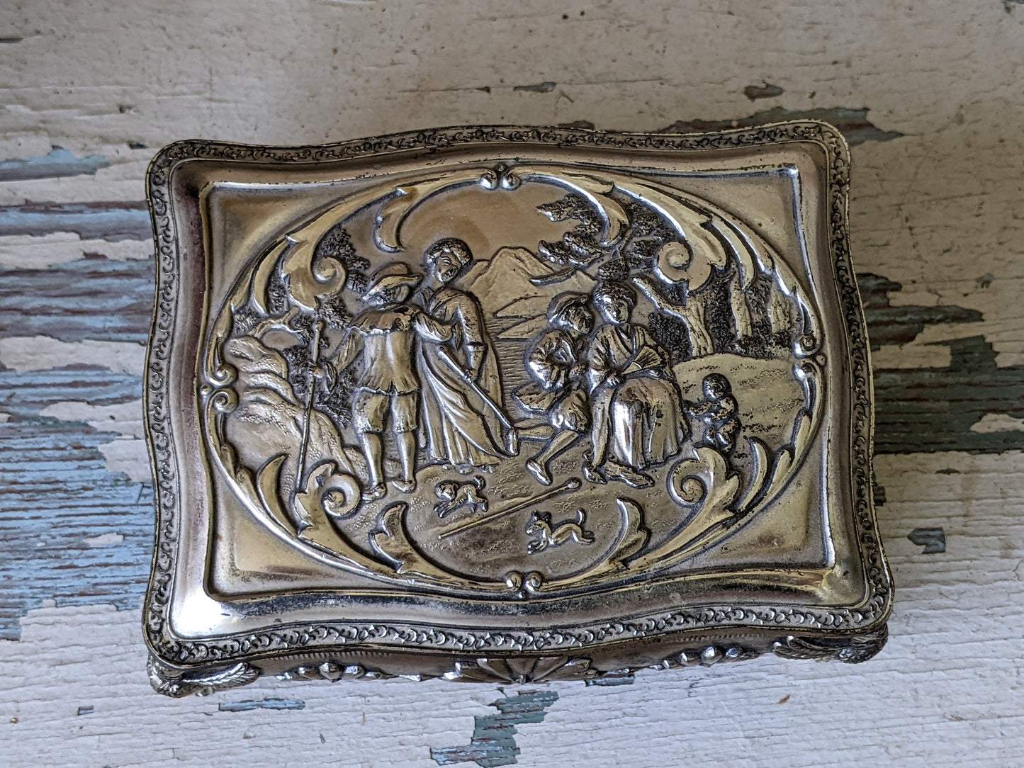 Vintage Victorian Style Trinket Box w Crimson Red Velvet Lining Silver Brushed Nickel Finish Jewelry Japan !! Awesome Vintage Gift !!
