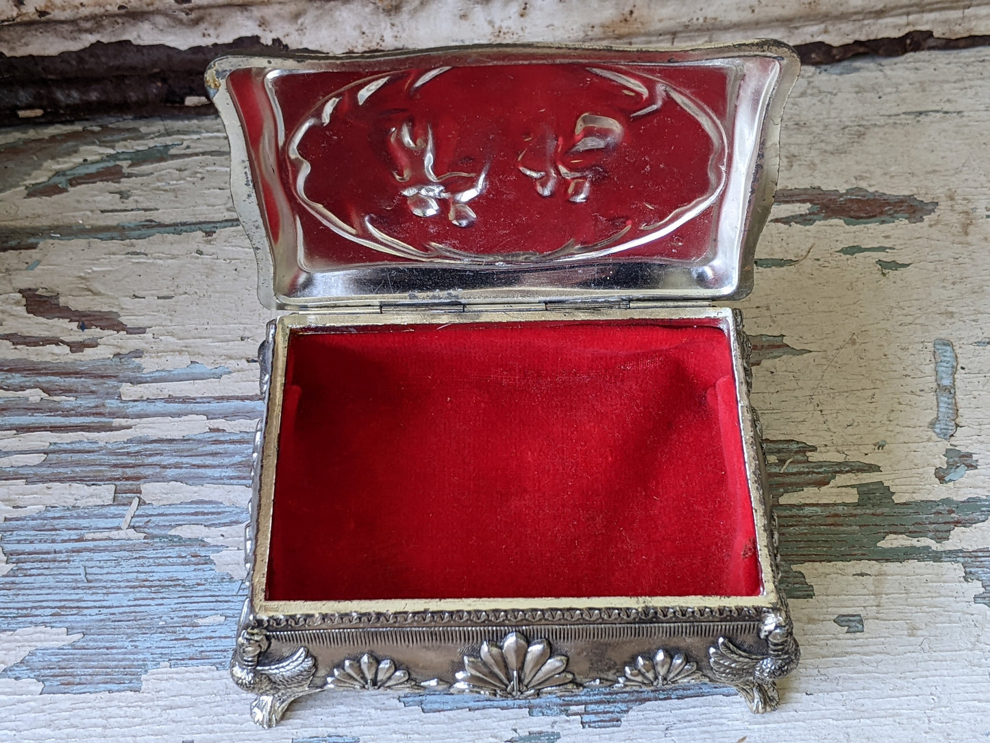Vintage Victorian Style Trinket Box w Crimson Red Velvet Lining Silver Brushed Nickel Finish Jewelry Japan !! Awesome Vintage Gift !!