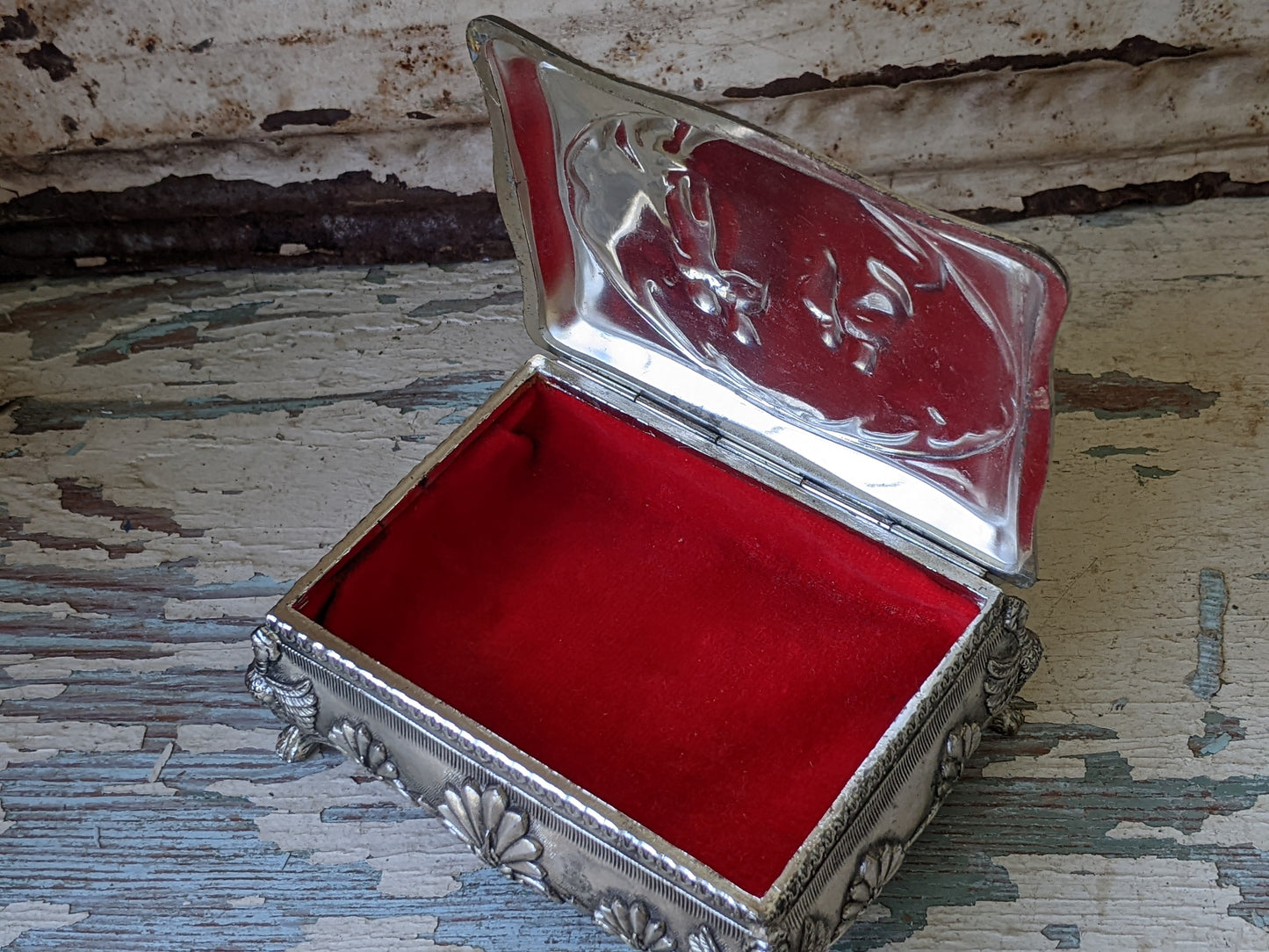 Vintage Victorian Style Trinket Box w Crimson Red Velvet Lining Silver Brushed Nickel Finish Jewelry Japan !! Awesome Vintage Gift !!