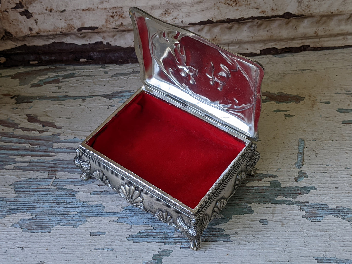 Vintage Victorian Style Trinket Box w Crimson Red Velvet Lining Silver Brushed Nickel Finish Jewelry Japan !! Awesome Vintage Gift !!