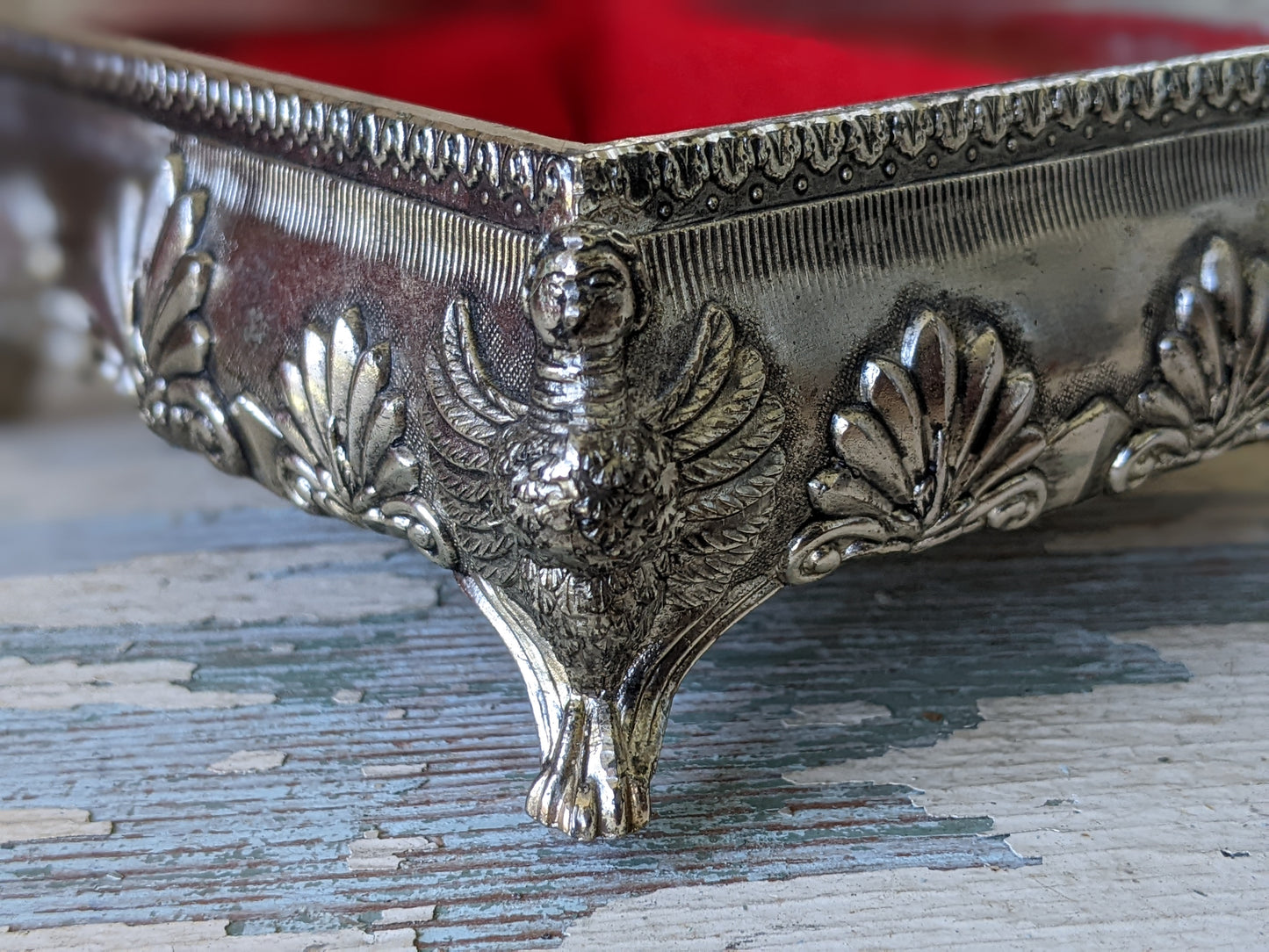 Vintage Victorian Style Trinket Box w Crimson Red Velvet Lining Silver Brushed Nickel Finish Jewelry Japan !! Awesome Vintage Gift !!