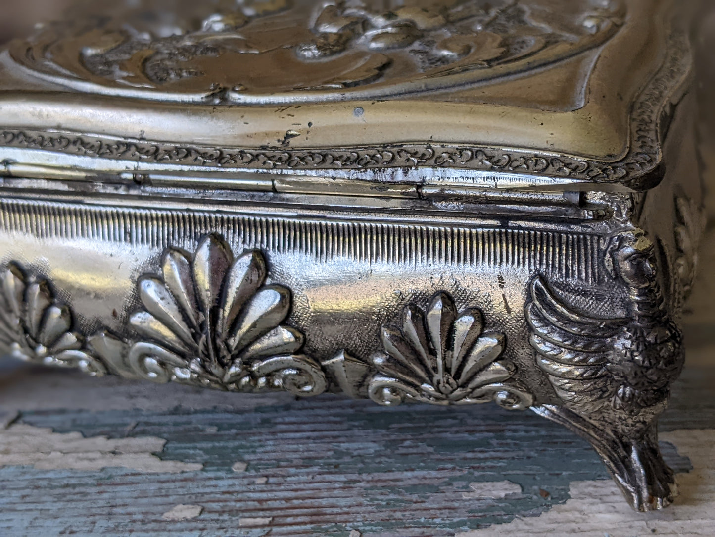 Vintage Victorian Style Trinket Box w Crimson Red Velvet Lining Silver Brushed Nickel Finish Jewelry Japan !! Awesome Vintage Gift !!