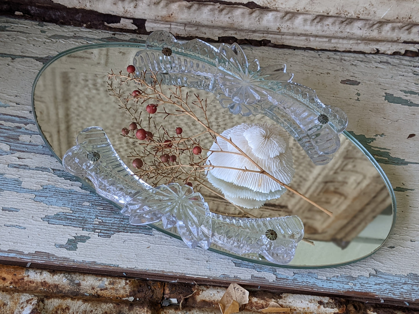 Vintage Oval Mirrored Vanity Tray Pressed Glass Rails Metal Feet !! Elegant Classy Vintage Gifts !!