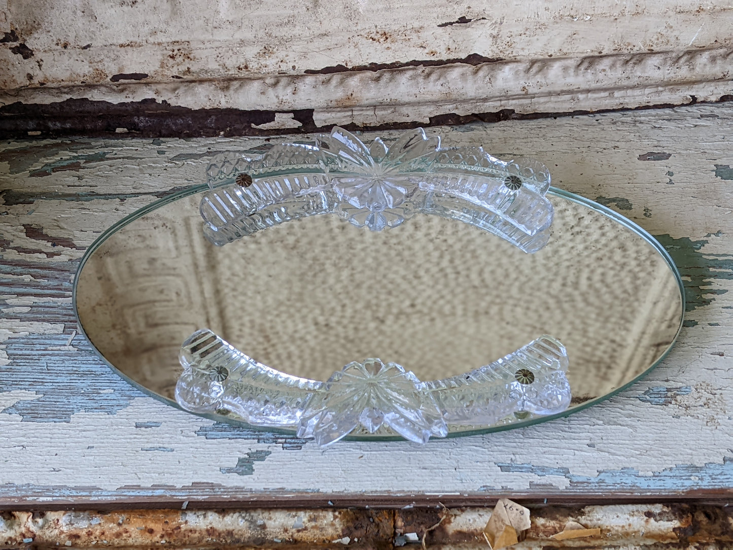 Vintage Oval Mirrored Vanity Tray Pressed Glass Rails Metal Feet !! Elegant Classy Vintage Gifts !!