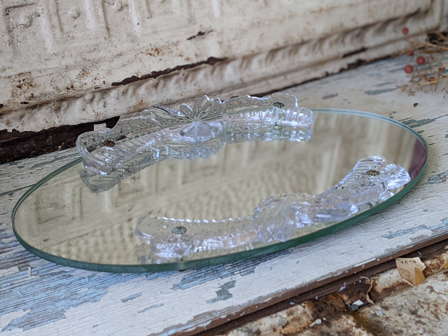 Vintage Oval Mirrored Vanity Tray Pressed Glass Rails Metal Feet !! Elegant Classy Vintage Gifts !!