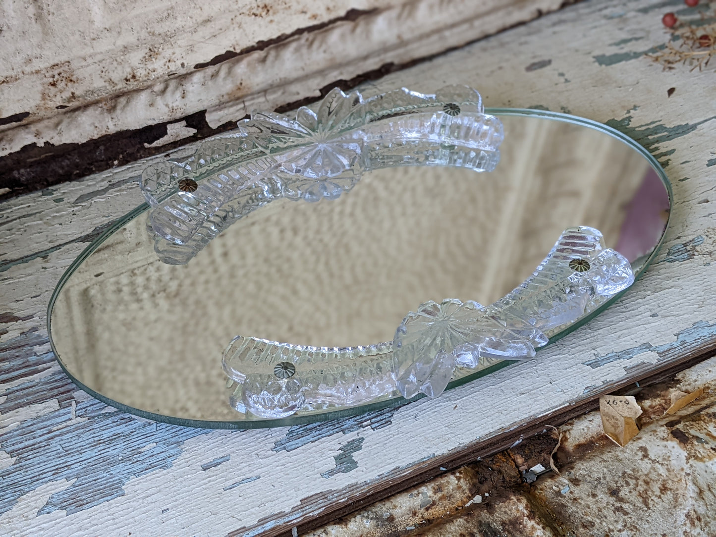 Vintage Oval Mirrored Vanity Tray Pressed Glass Rails Metal Feet !! Elegant Classy Vintage Gifts !!