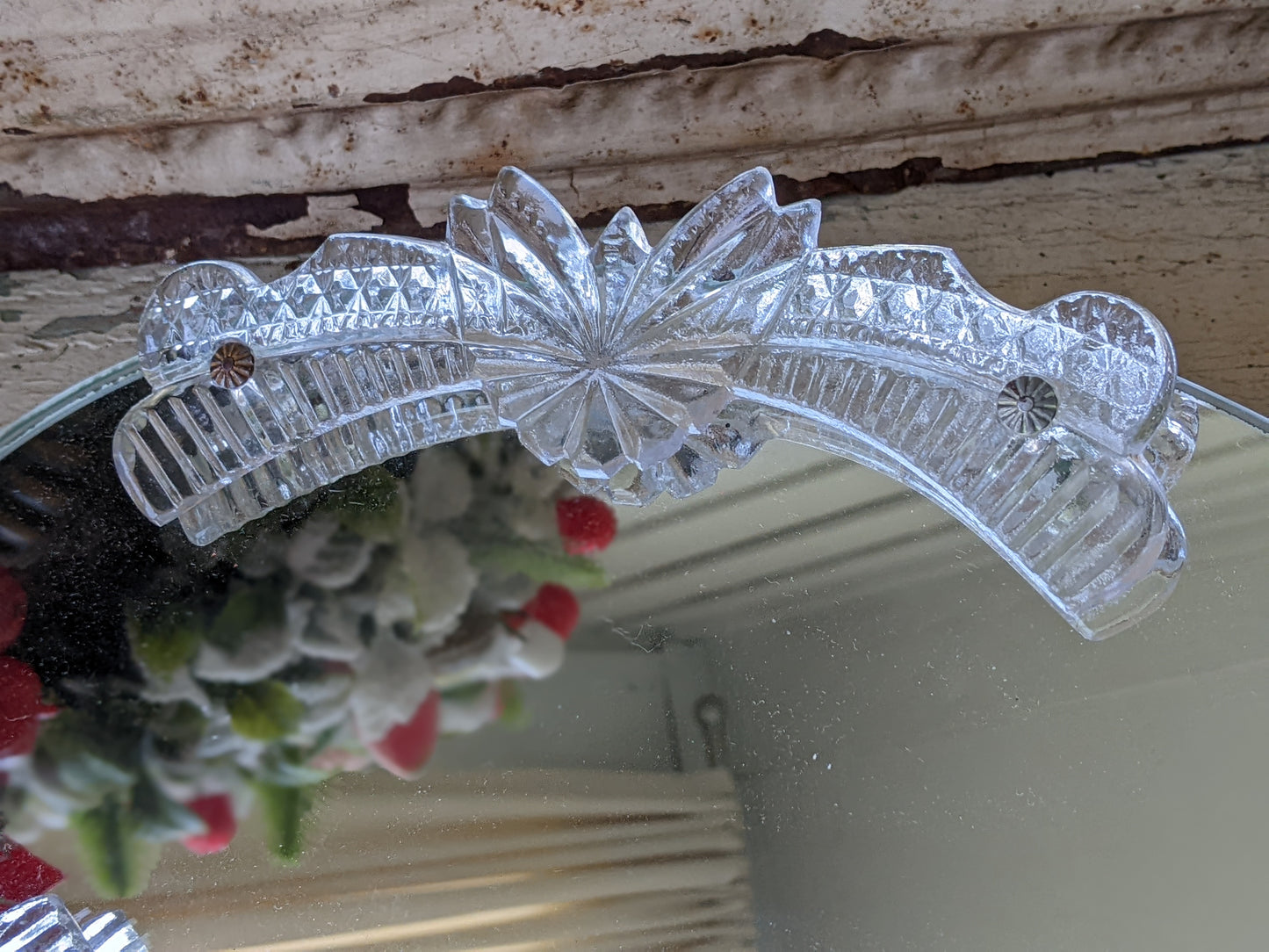 Vintage Oval Mirrored Vanity Tray Pressed Glass Rails Metal Feet !! Elegant Classy Vintage Gifts !!