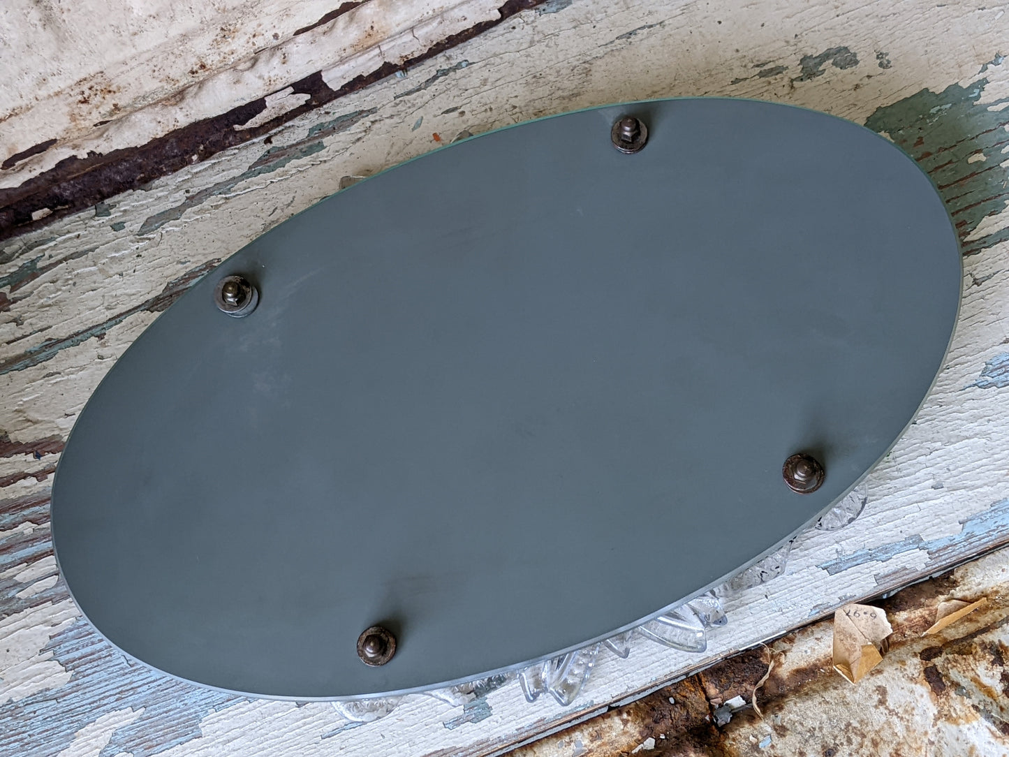 Vintage Oval Mirrored Vanity Tray Pressed Glass Rails Metal Feet !! Elegant Classy Vintage Gifts !!