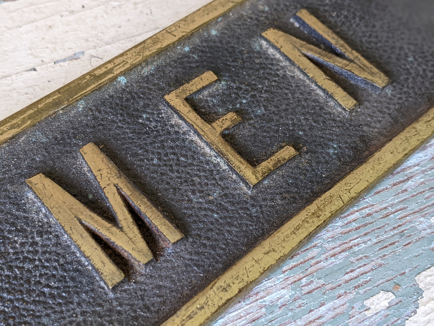 Vintage Solid Cast Brass Mens Restroom Sign !! The Real Deal !! A Perfect Classic Sign Gift !!