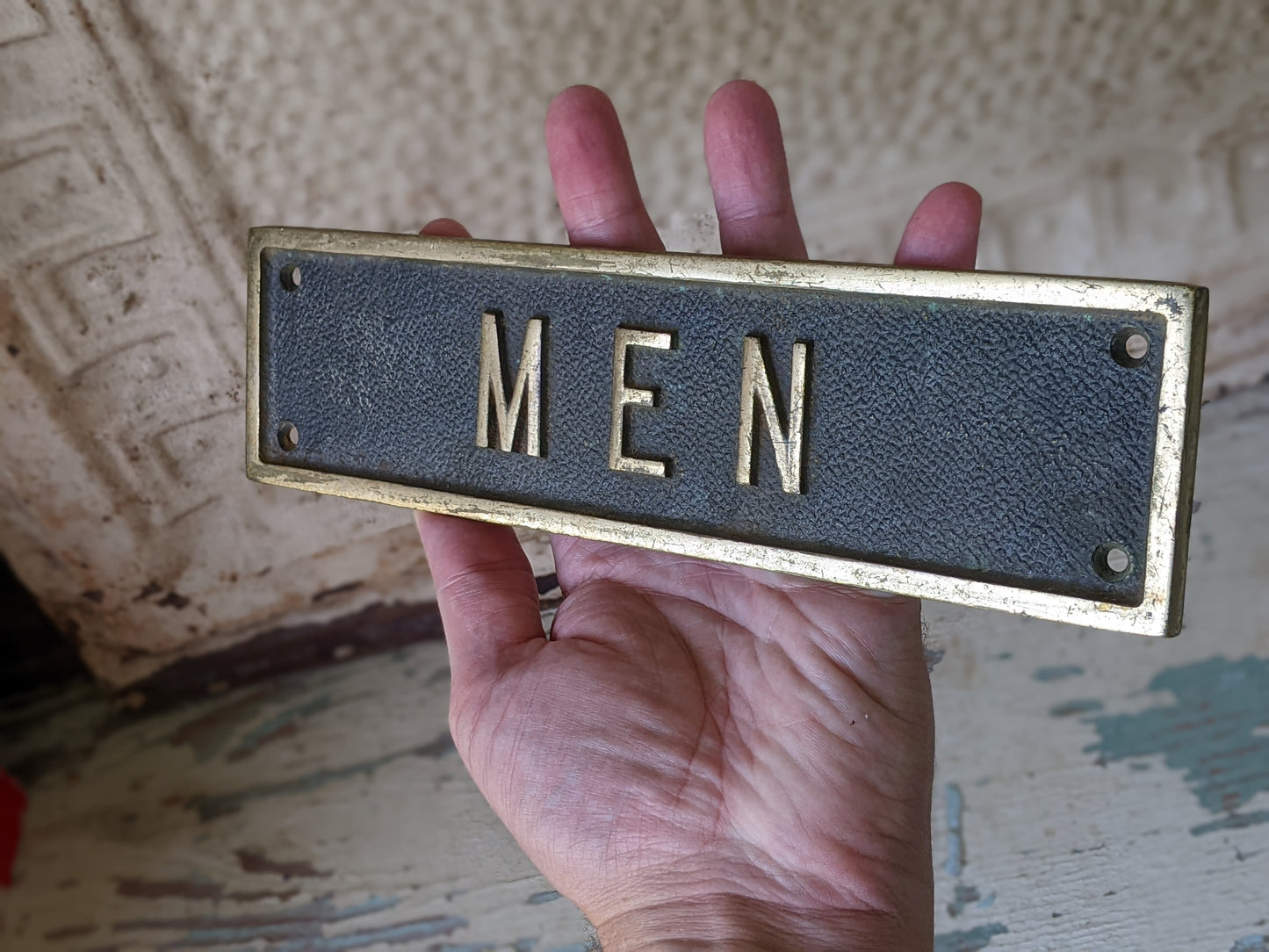 Vintage Solid Cast Brass Mens Restroom Sign !! The Real Deal !! A Perfect Classic Sign Gift !!