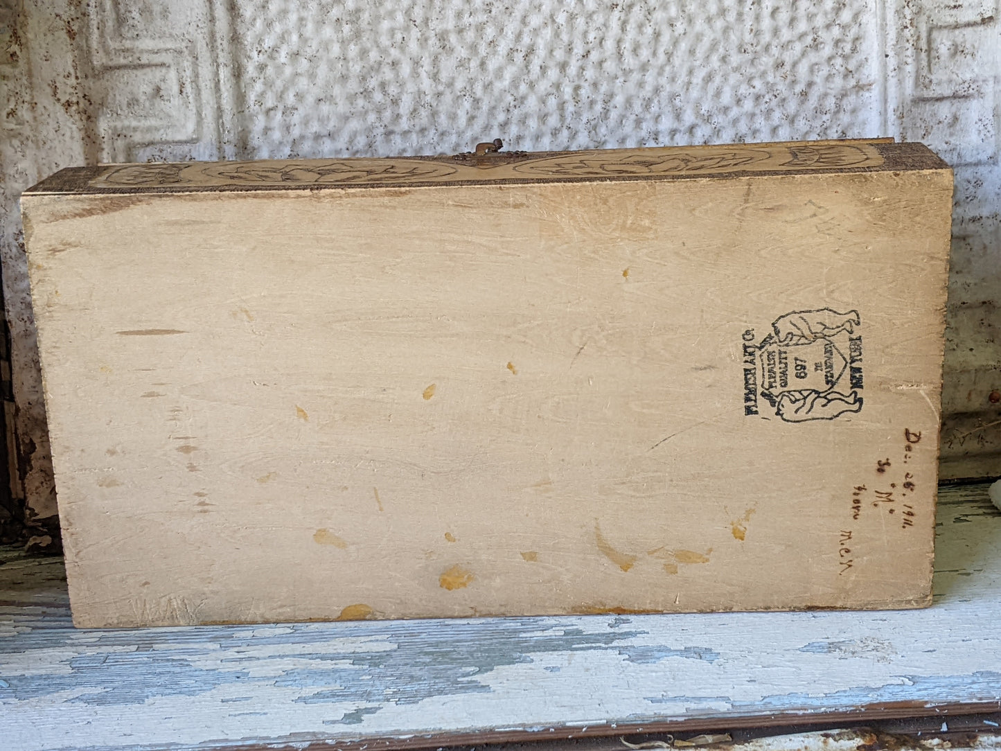 1911 Art Nouveau Flemish Art Co. Handmade Hinged Pyrography Wood Box !! Rare & Beautiful Unique Gifts !!