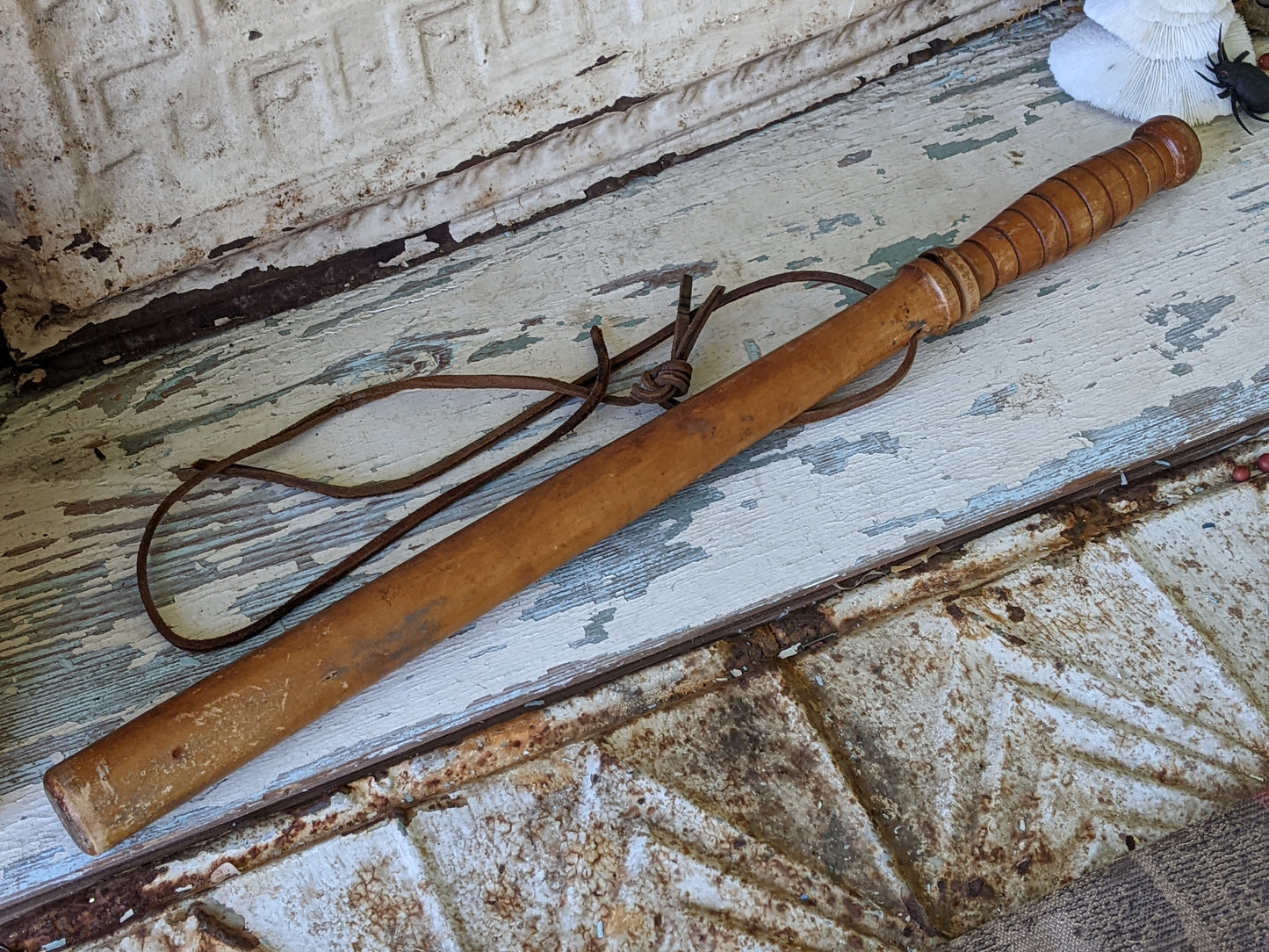 1960s Oak Police Baton Billy Club Nightstick Turned Original Leather Strap 22" !! Awesome Vintage Memorabilia !!