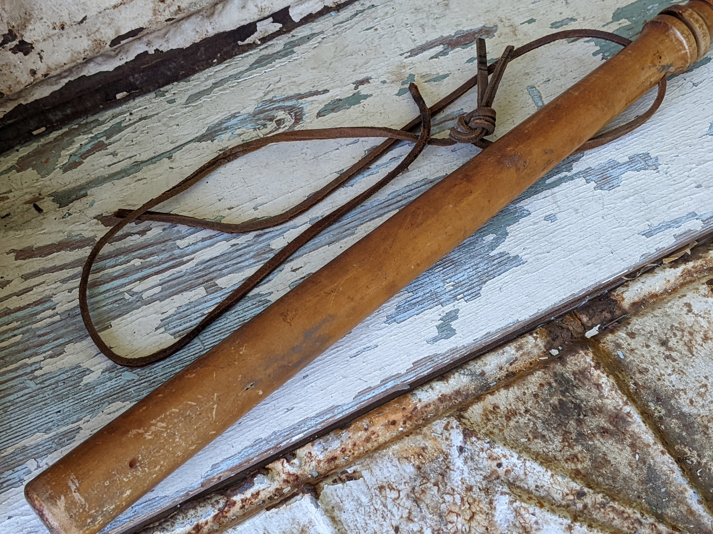 1960s Oak Police Baton Billy Club Nightstick Turned Original Leather Strap 22" !! Awesome Vintage Memorabilia !!