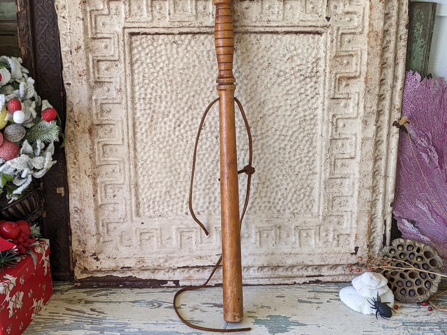 1960s Oak Police Baton Billy Club Nightstick Turned Original Leather Strap 22" !! Awesome Vintage Memorabilia !!