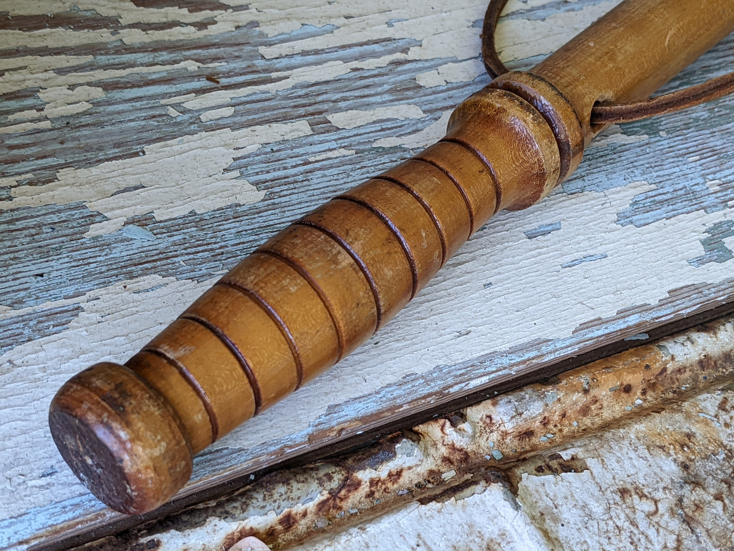 1960s Oak Police Baton Billy Club Nightstick Turned Original Leather Strap 22" !! Awesome Vintage Memorabilia !!